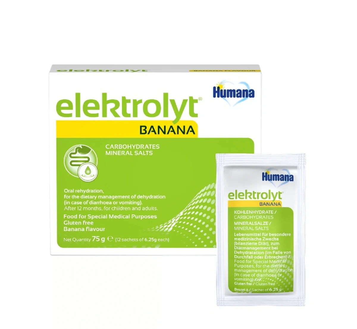 Humana Elektrolyt Banana, bustina me glukozë dhe elektrolite për përgatitjen e solucionit oral me shije banane.