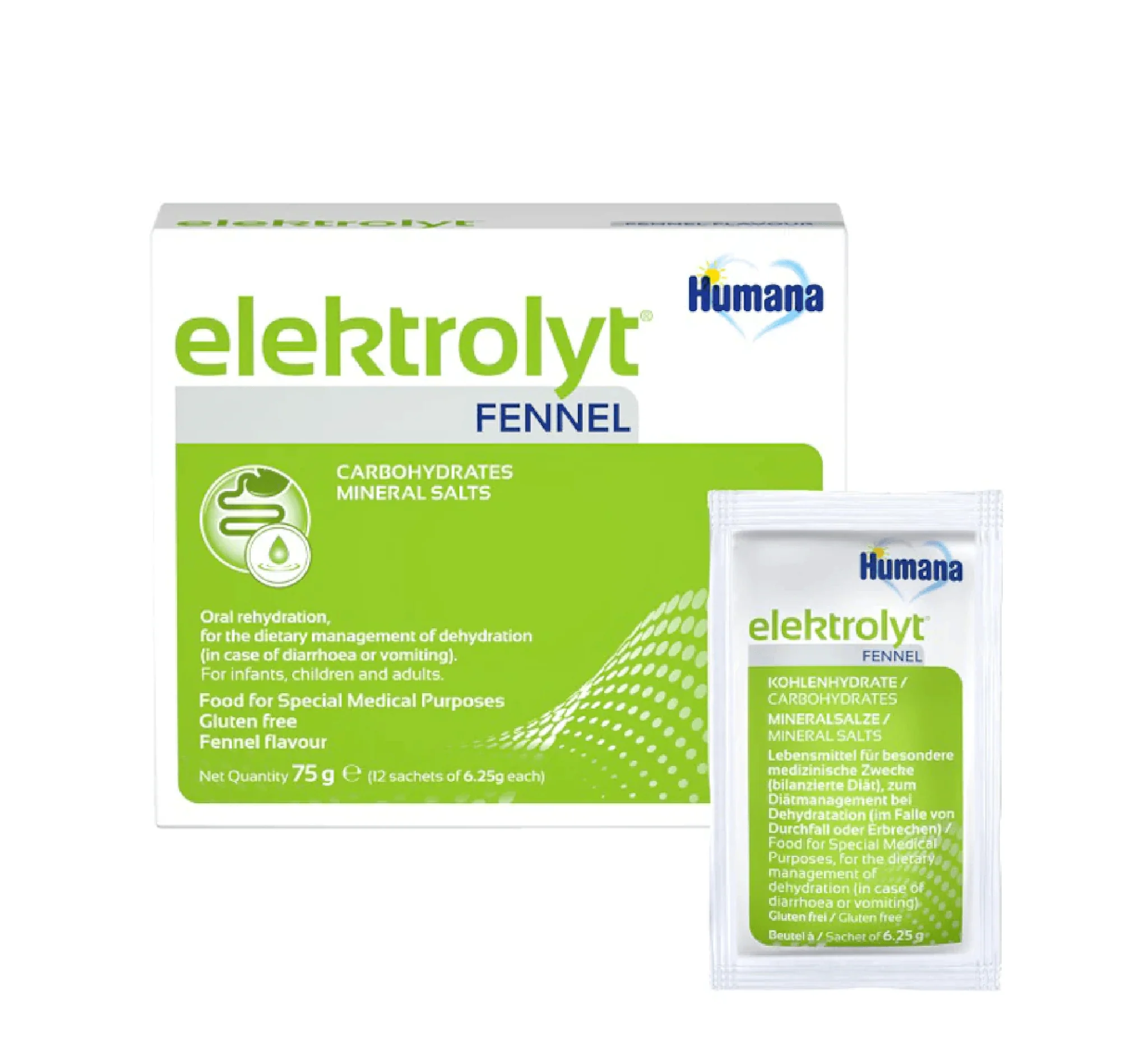 Humana Elektrolyt Fennel, bustina me glukozë dhe elektrolite për përgatitjen e solucionit oral me shije kopër.