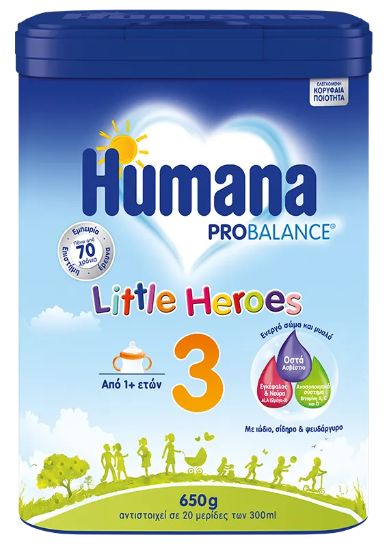 Humana Little Heroes 3, pije qumështi në pluhur për fëmijë mbi 12 muaj me ALA, kalcium dhe vitaminë D.