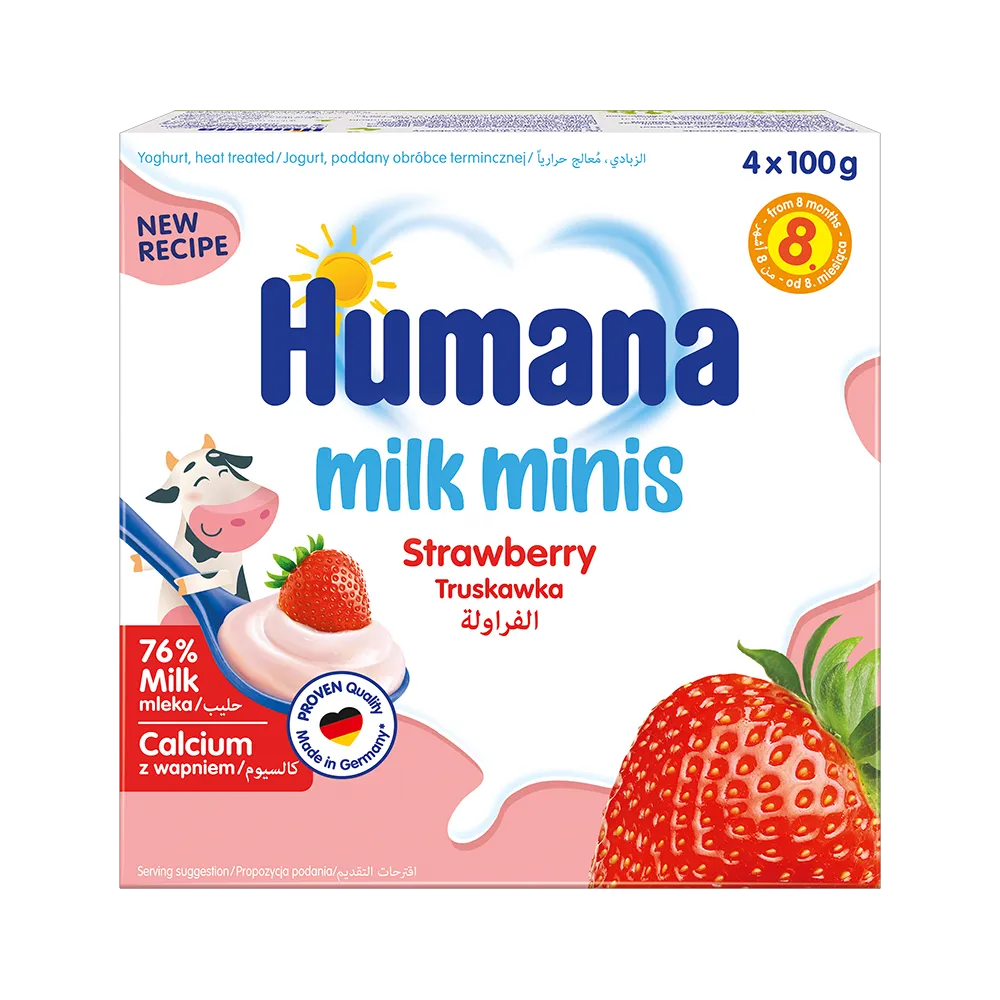 Humana Milk Minis Strawberry, desert me kos të pasterizuar dhe pure luleshtrydhe në katër porcione individuale për bebe nga 8 muaj.