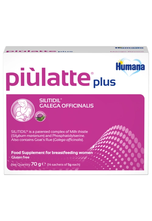 Humana Piùlatte Plus, suplement në bustina për gjidhënie me kompleksin SILITIDIL dhe ekstrakt Galega officinalis.