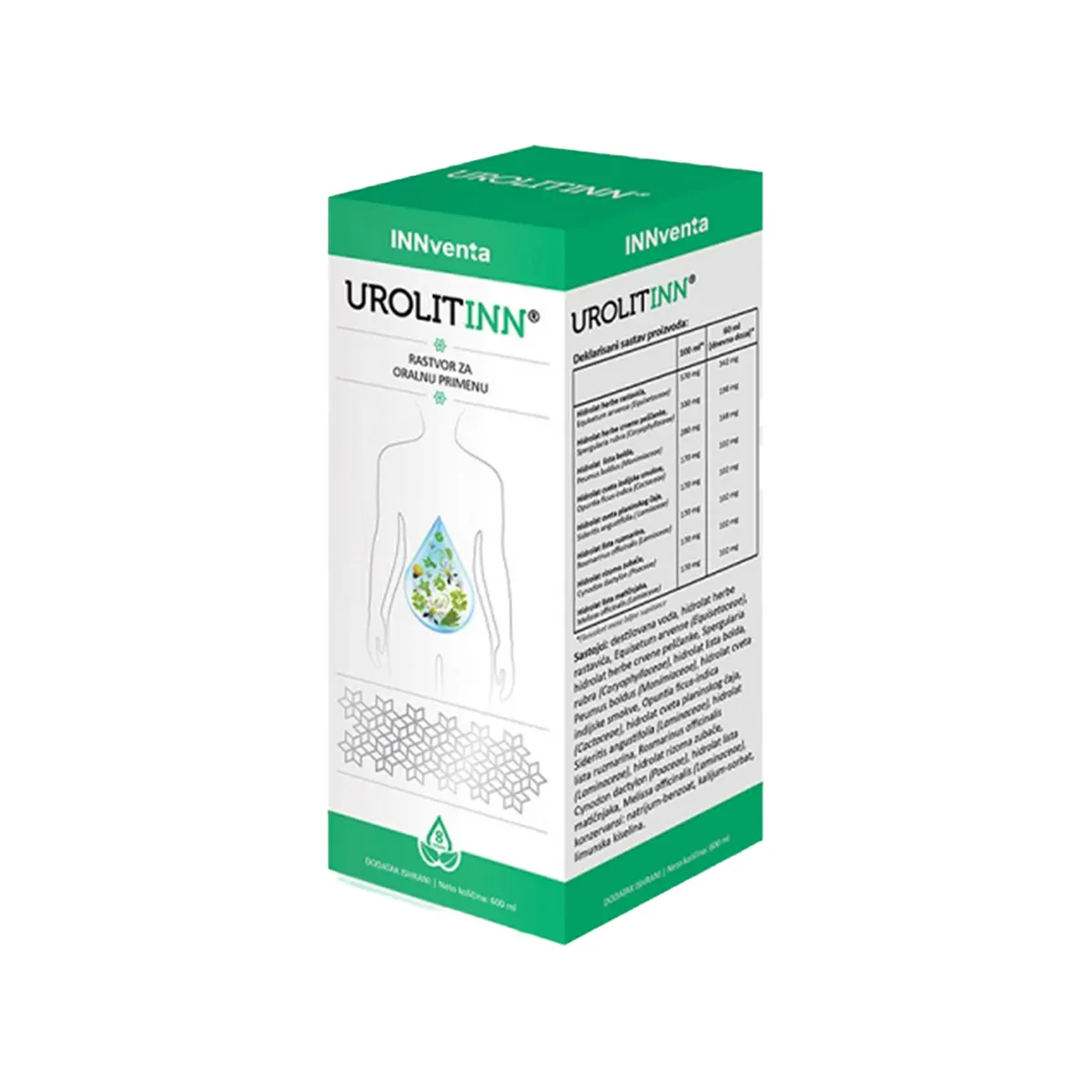 INNventa Urolitinn, shishe 600 ml me kompleks bioaktiv nga 8 bimë për mbështetjen e traktit urinar dhe diurezës.