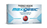 Paketim Maxigesic me paracetamol 500 mg dhe ibuprofen 150 mg, 10 tableta për lehtësimin e dhimbjes dhe temperaturës.