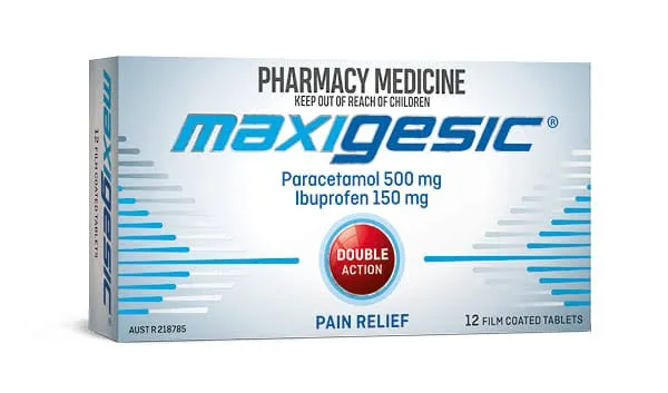 Paketim Maxigesic me paracetamol 500 mg dhe ibuprofen 150 mg, 10 tableta për lehtësimin e dhimbjes dhe temperaturës.