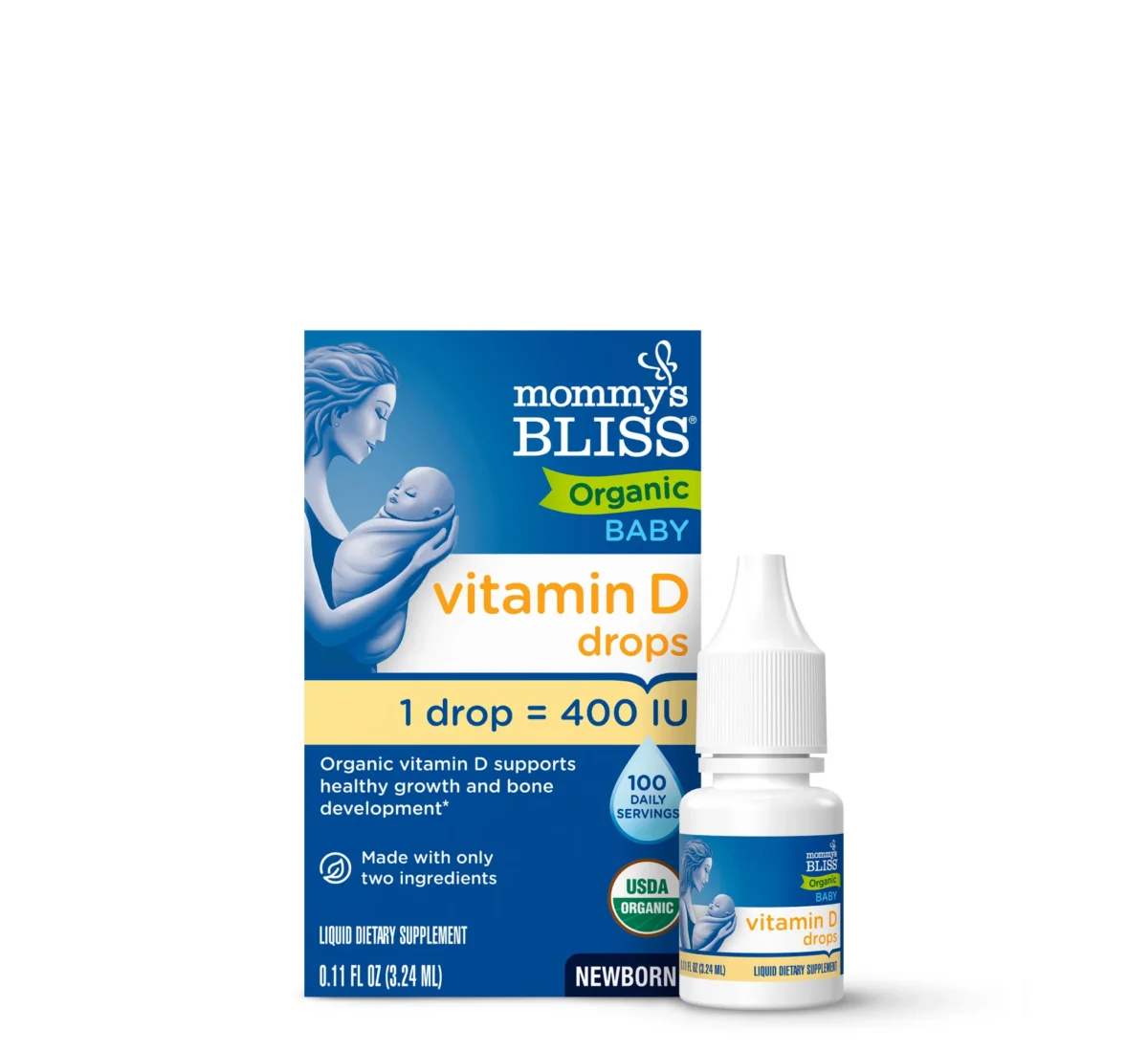Mommy's Bliss Organic Baby Vitamin D Drops me 400 IU vitaminë D3 në një pikë dhe vaj MCT organik.