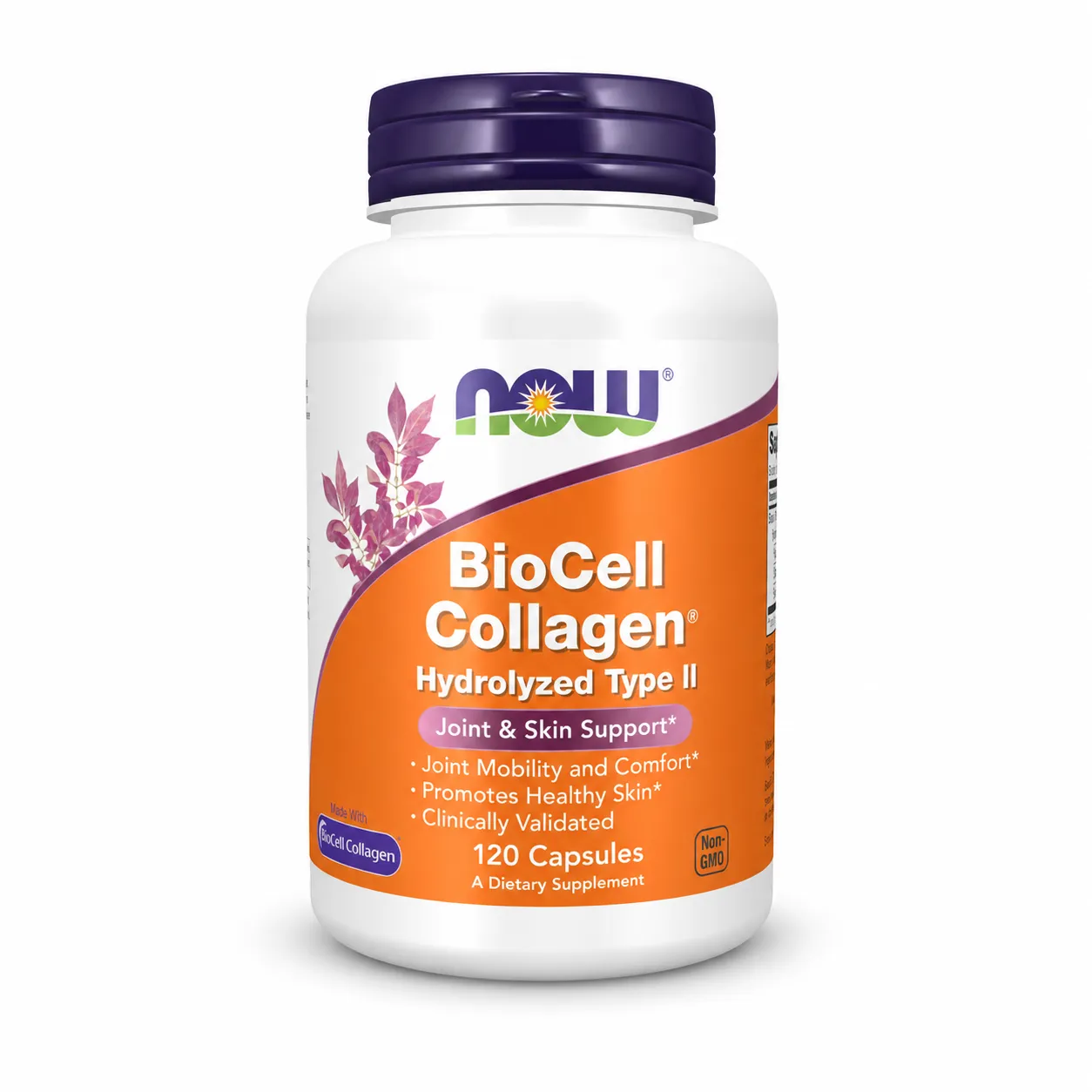 Shishe NOW Foods BioCell Collagen Hydrolyzed Type II me 120 kapsula, kolagjen tip II, acid hialuronik dhe chondroitin për artikulacionet dhe lëkurën.