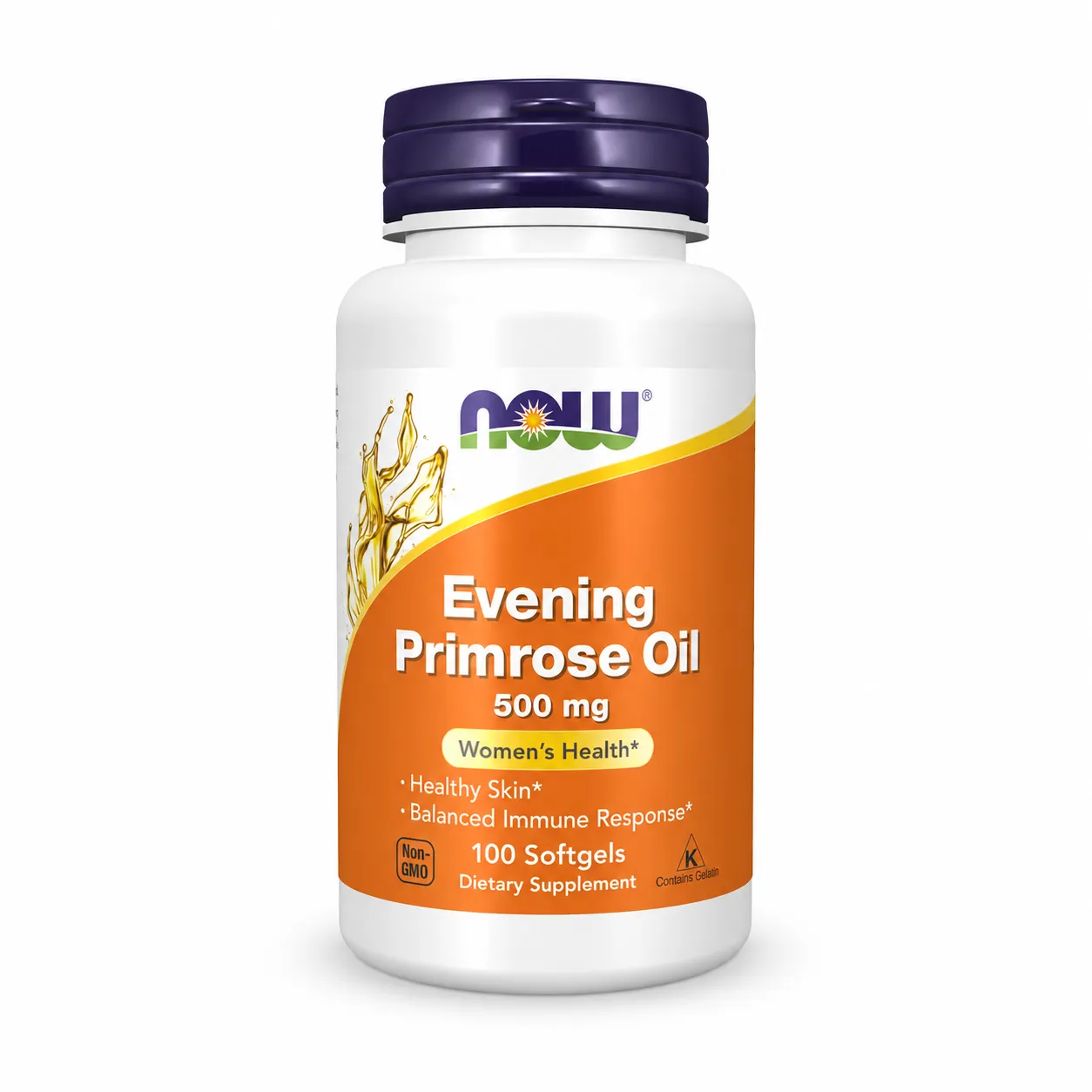 Shishe NOW Foods Evening Primrose Oil 500 mg me 100 softgel dhe vaj aguliçe të ftohtë-shtypur, burim natyral i acidit gamma-linolenik GLA.