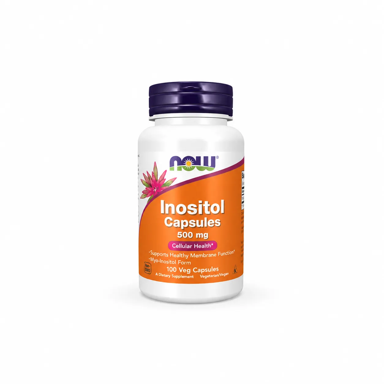 Shishe NOW Foods Inositol 500 mg me 100 kapsula vegane që ofrojnë myo-inositol për funksionin e membranave qelizore dhe sistemit nervor.