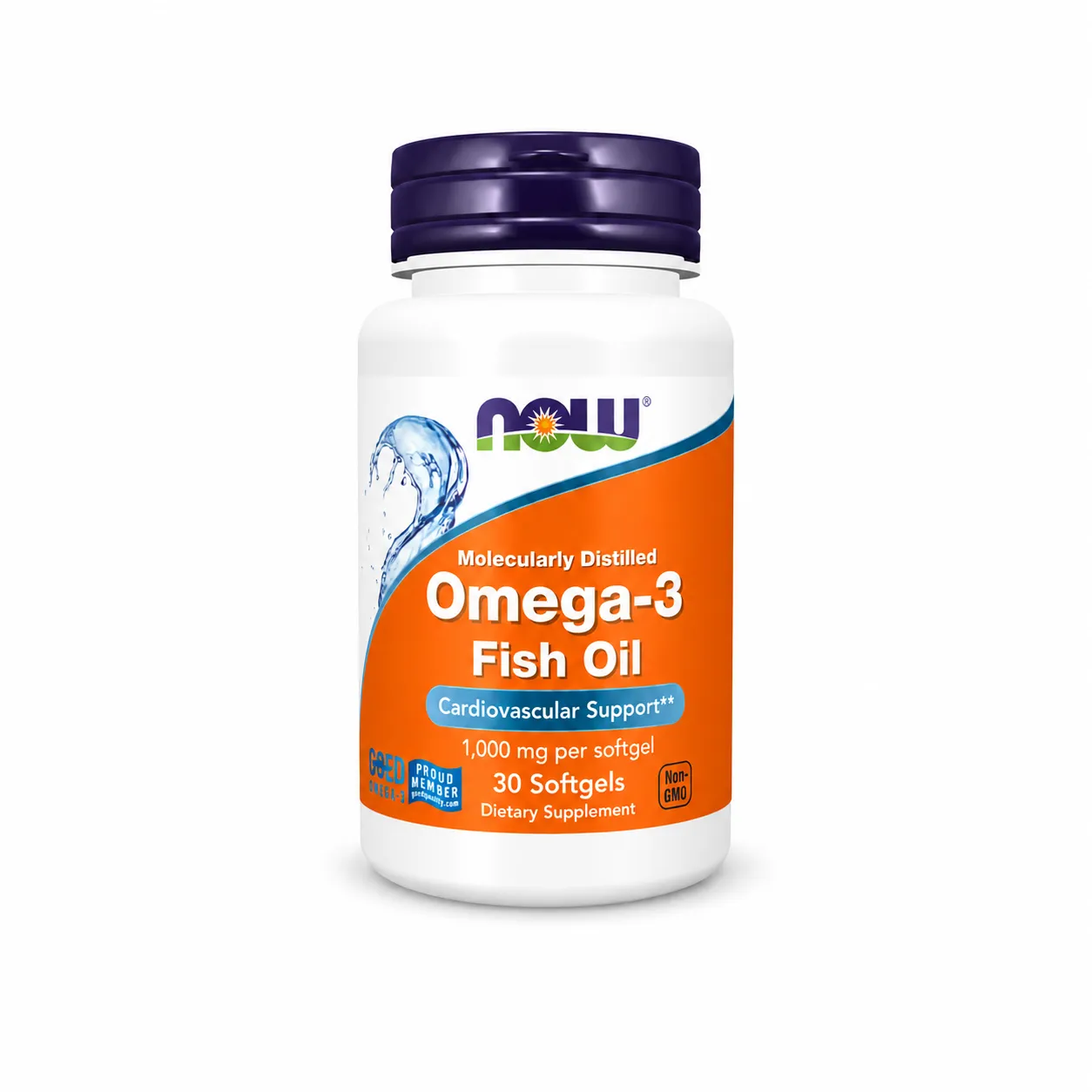 NOW Foods Omega-3 Fish Oil 1000 mg, shishe me 30 softgels me EPA dhe DHA, vaj peshku i distiluar molekularisht.
