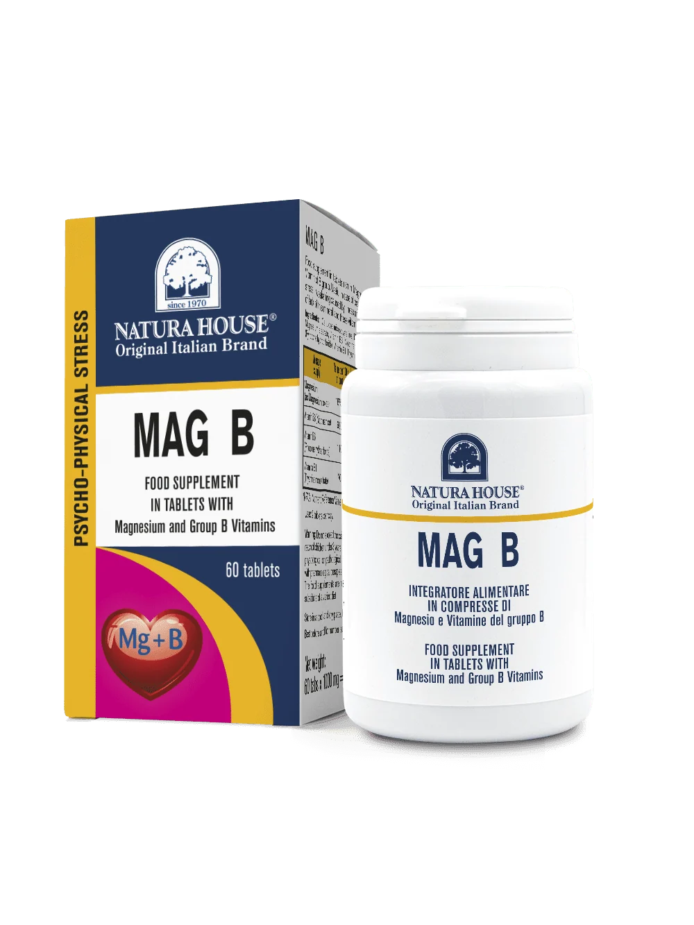 Natura House Mag B, kuti me 60 tableta me magnez dhe vitaminat B1, B3 e B6 për energjinë dhe funksionimin normal të sistemit nervor.