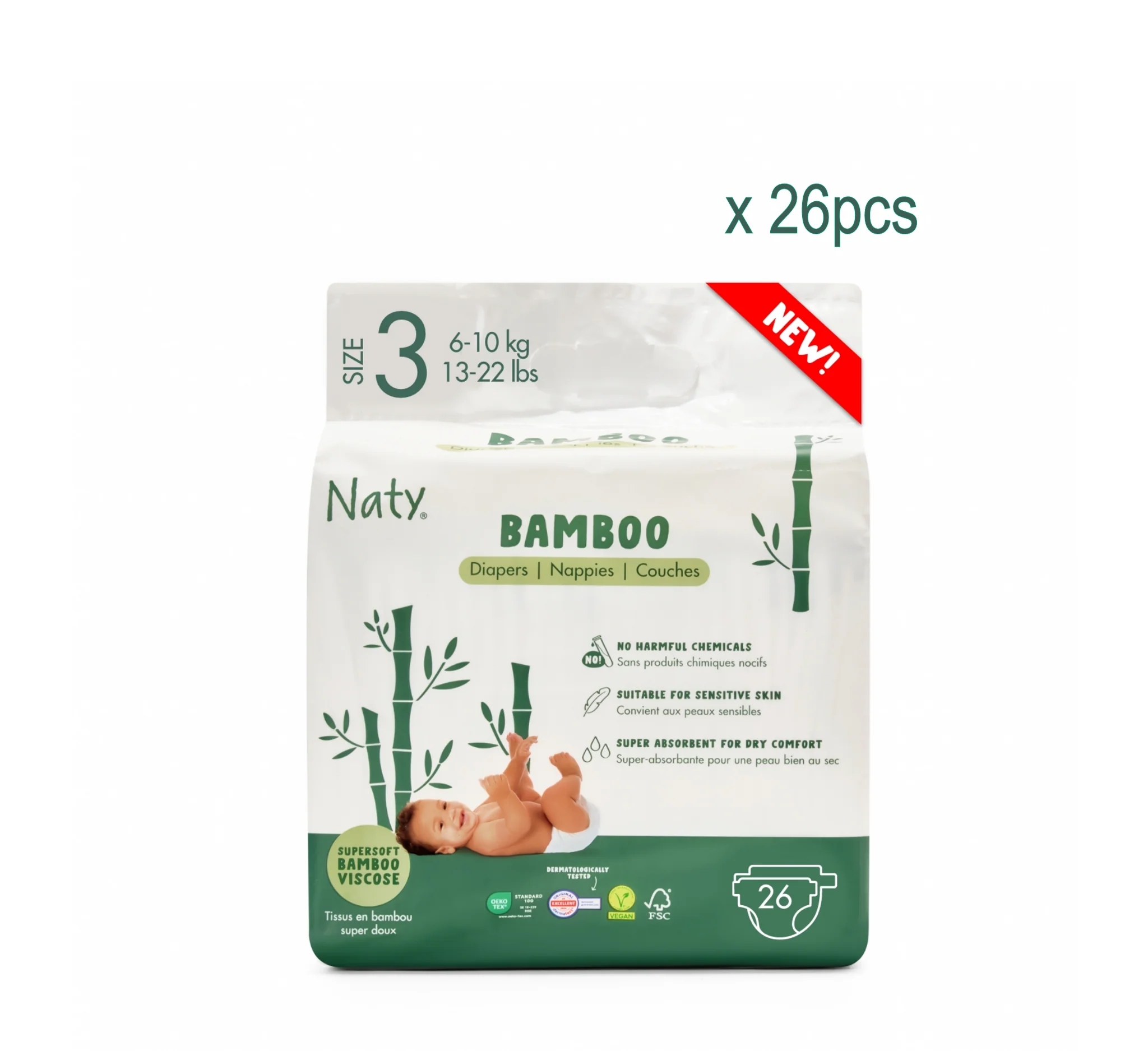Naty Bamboo Diapers Size 3, paketim me 26 pelena për bebe 6–10 kg, me viskozë bambuje dhe tregues lagështie.