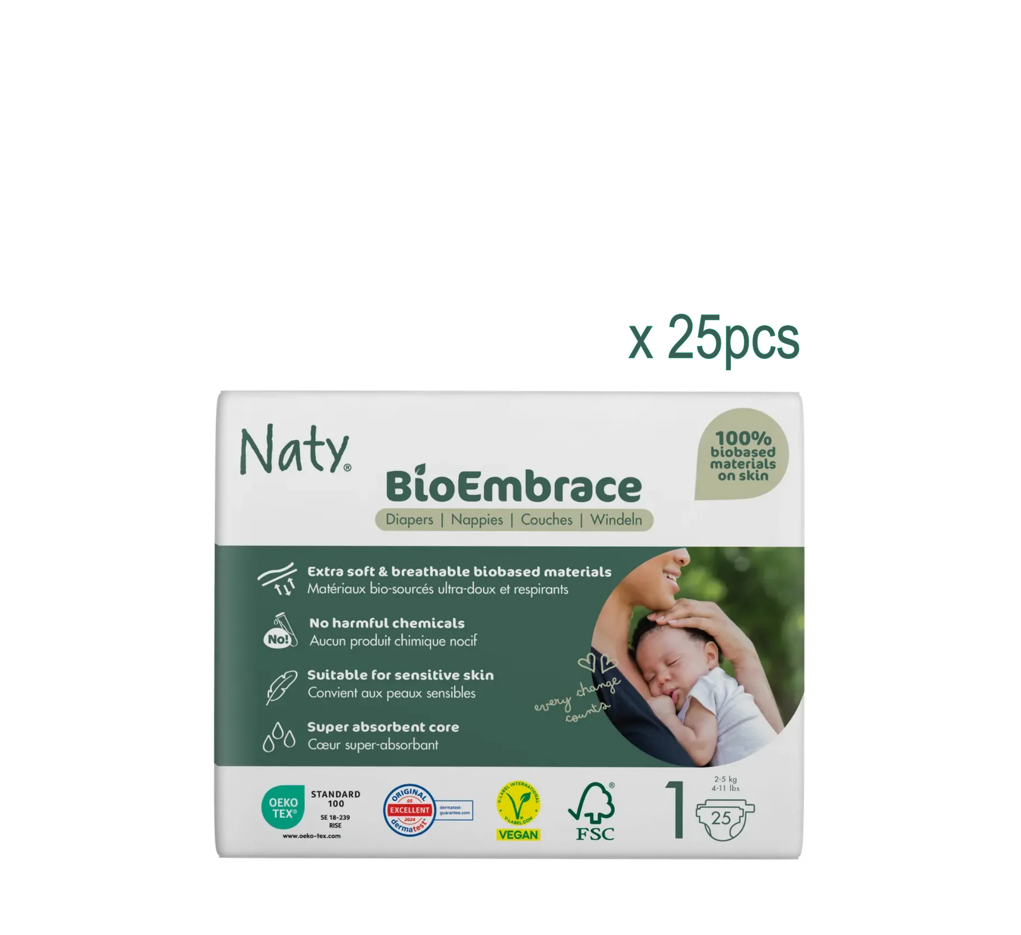 Naty BioEmbrace Diapers Size 1, paketim me 25 pelena për bebe 2–5 kg, me tregues lagështie dhe materiale me bazë bimore.