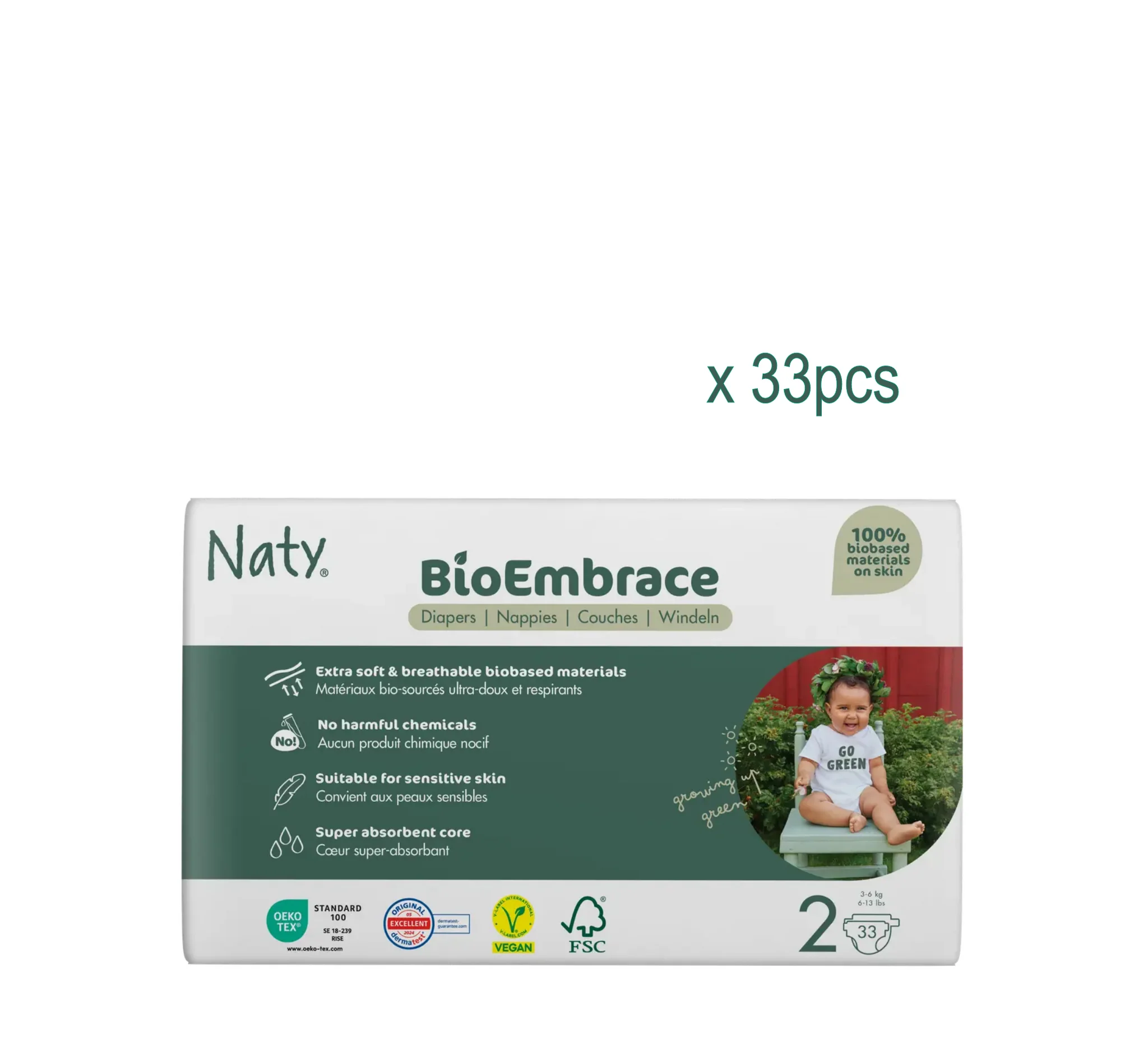Naty BioEmbrace Diapers Size 2, paketim me 33 pelena për bebe 3–6 kg, me tregues lagështie dhe materiale me bazë bimore.