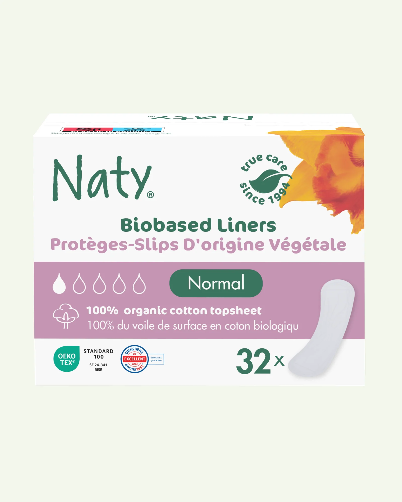 Naty Panty Liners Normal, peceta intime ditore me 100% pambuk organik të certifikuar, paketim me 32 copë.