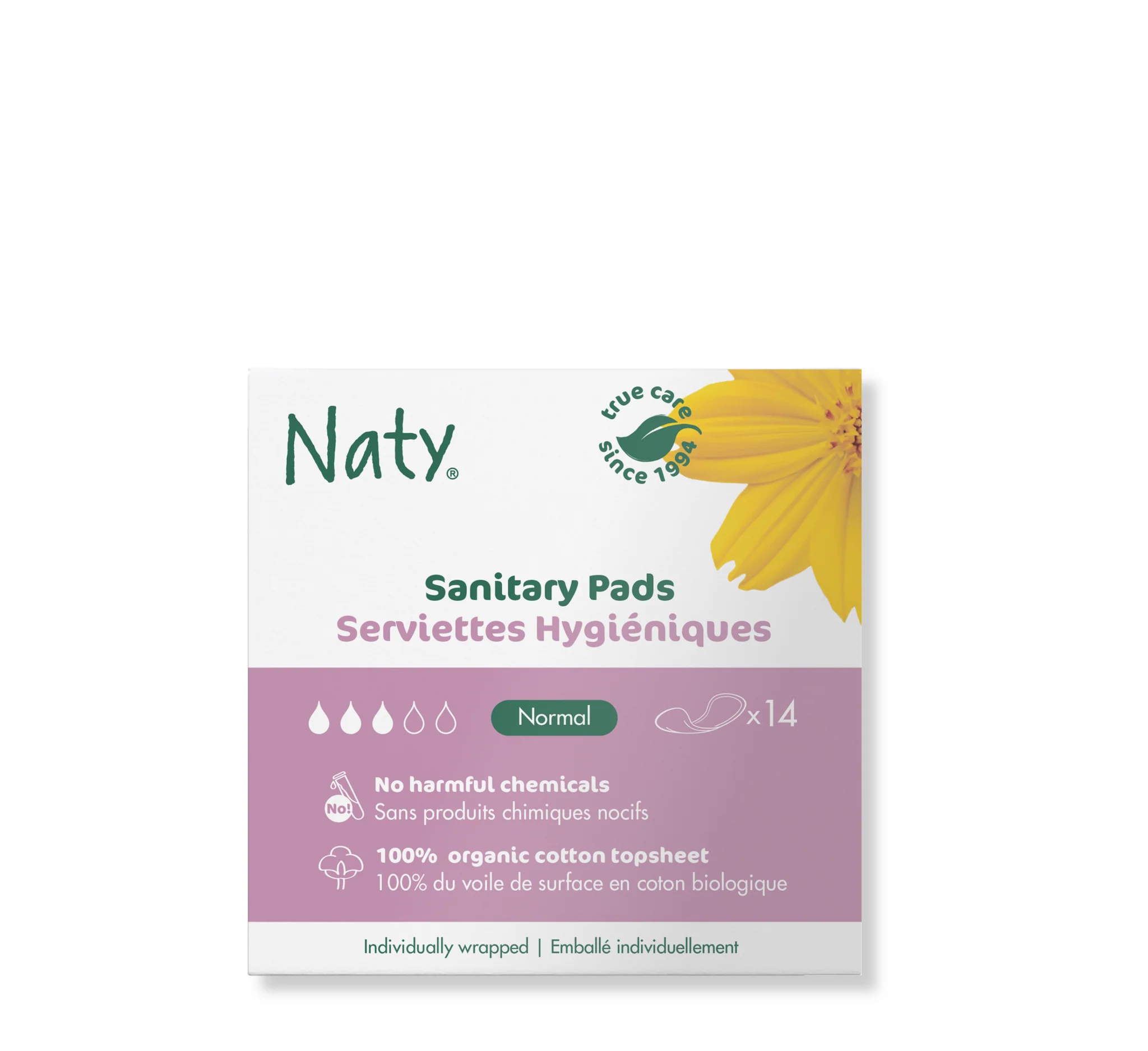 Naty Sanitary Pads Normal, peceta higjienike me 100% pambuk organik të certifikuar, paketim me 14 copë.