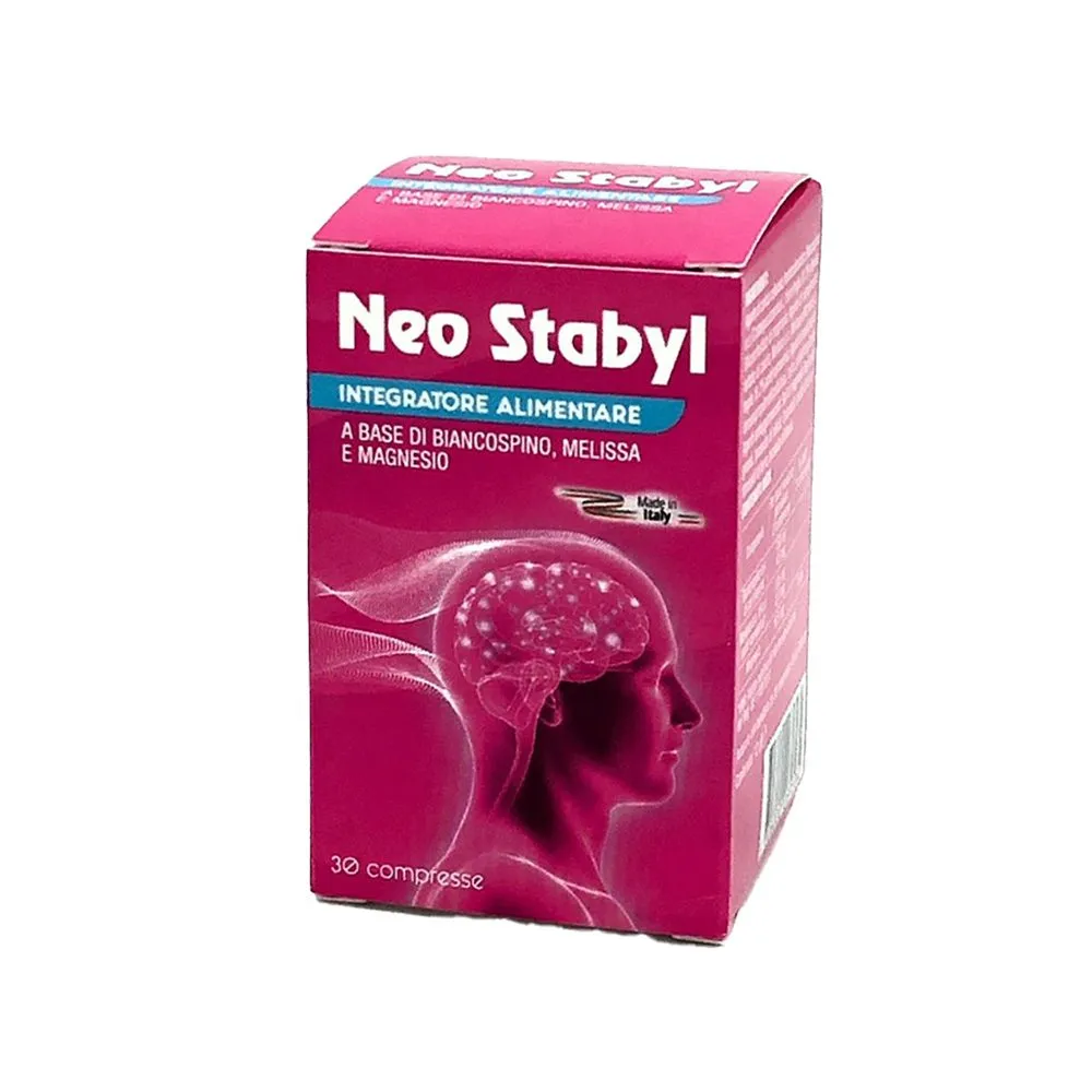 Paketim Neo Stabyl me 30 tableta, suplement për relaksim, qetësi dhe mbështetje gjatë periudhave të stresit.