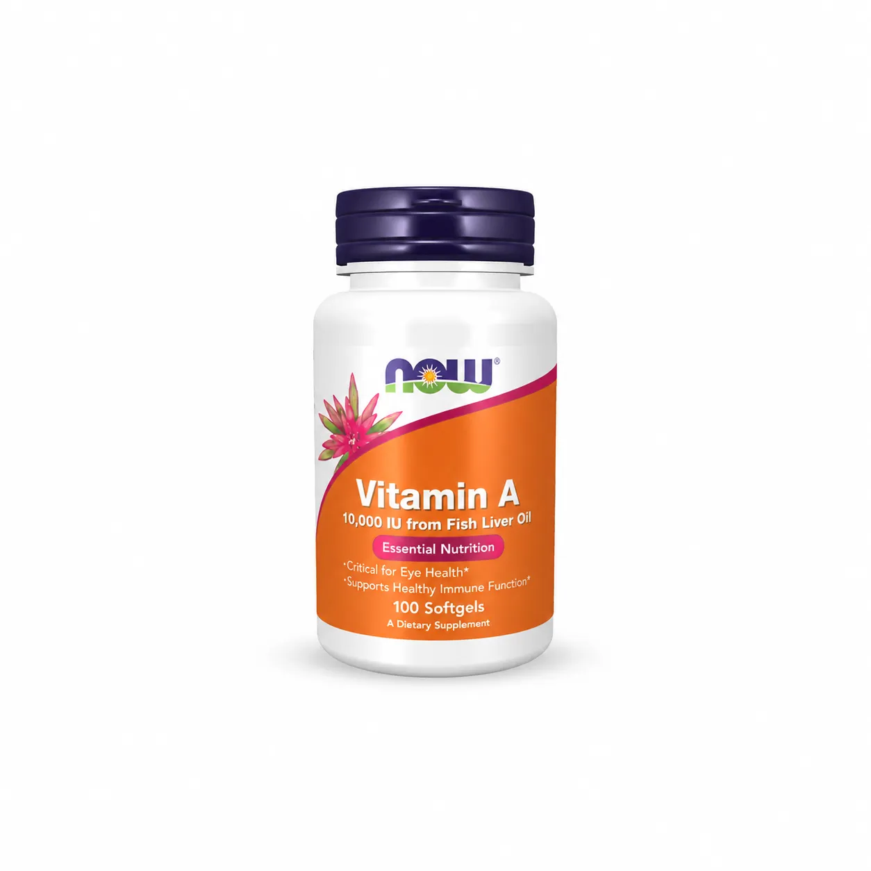 Shishe NOW Foods Vitamin A 10,000 IU me 100 softgel që ofrojnë 3000 mcg vitaminë A për shikimin, lëkurën dhe imunitetin.