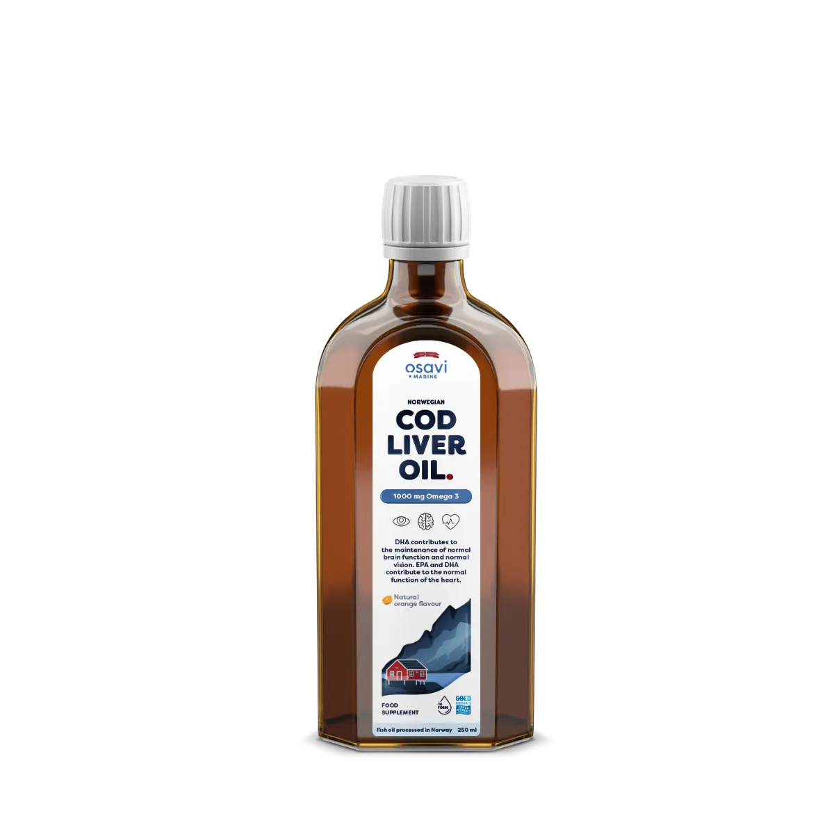 OSAVI Norwegian Cod Liver Oil 1000 mg Omega-3 me aromë natyrale limoni, shishe 250 ml me EPA, DHA dhe vitaminë A.