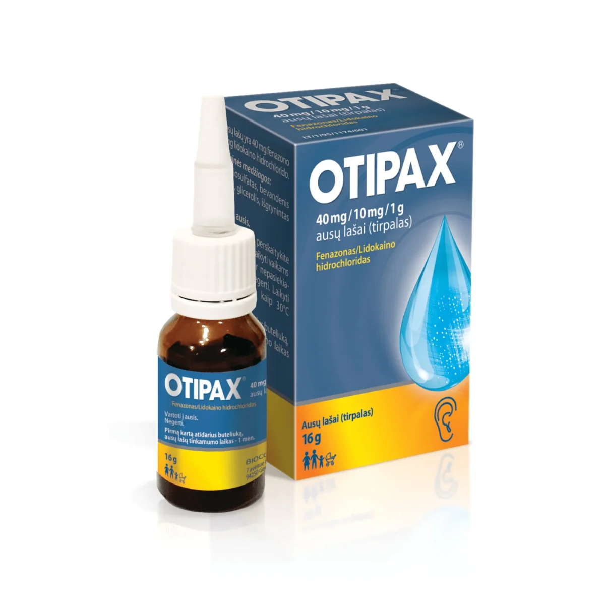 Biocodex Otipax në flakon 16 g me pika për vesh që përmbajnë fenazon 4% dhe lidokainë 1% për lehtësim simptomatik lokal.