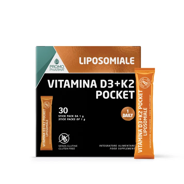 Paketim PromoPharma Vitamin D3 + K2 Pocket Liposomale me 20 stick dhe vitamina D3 e K2 MK-7 për kockat, kalciumin dhe imunitetin.