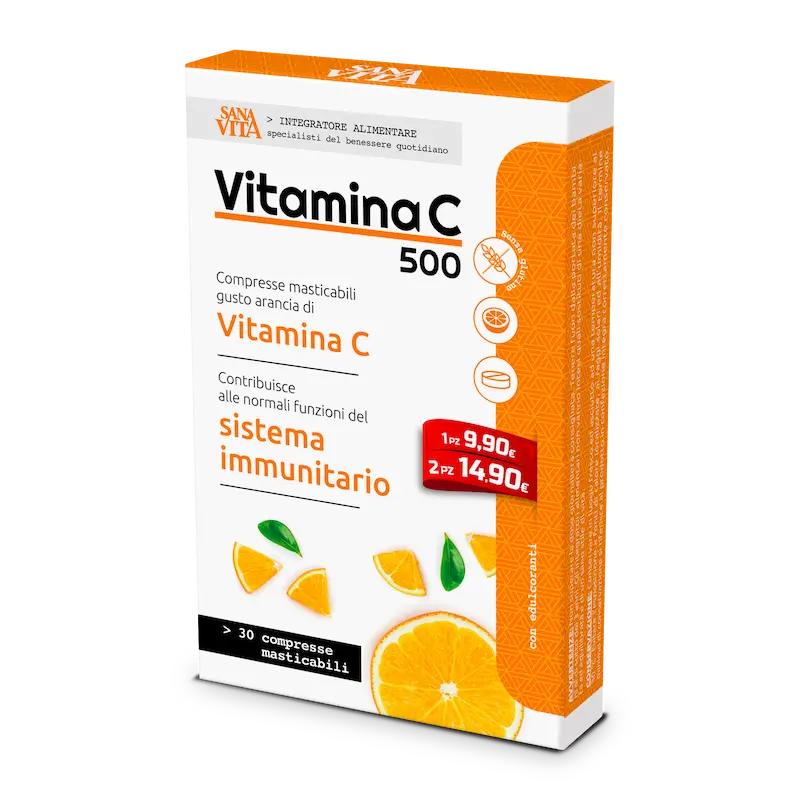 Paketim Sanavita Vitamin C 500 mg me 30 tableta të përtypshme me shije portokalli për mbështetjen e imunitetit dhe kolagjenit.