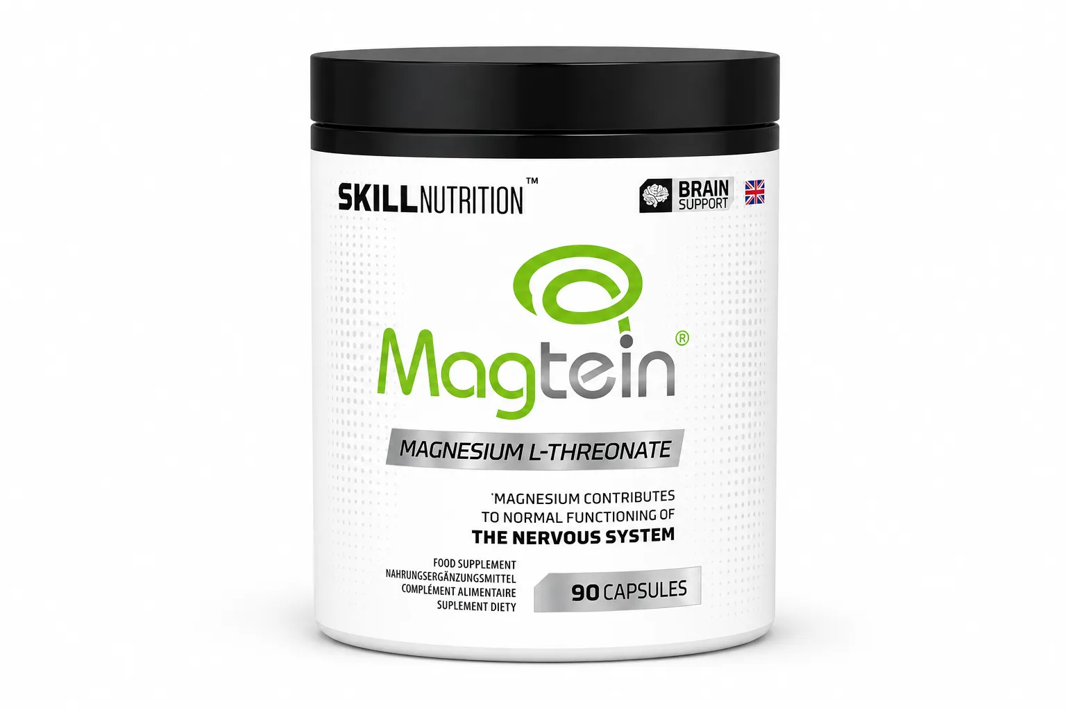 Skill Nutrition Magtein, kuti me 90 kapsula vegane me Magtein® magnez L-treonat për sistemin nervor dhe funksionet psikologjike.