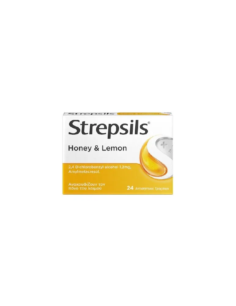 Strepsils Honey & Lemon, kuti me 24 pastile me amilmetakrezol dhe alkool diklorobenzilik për lehtësimin simptomatik të fytit.