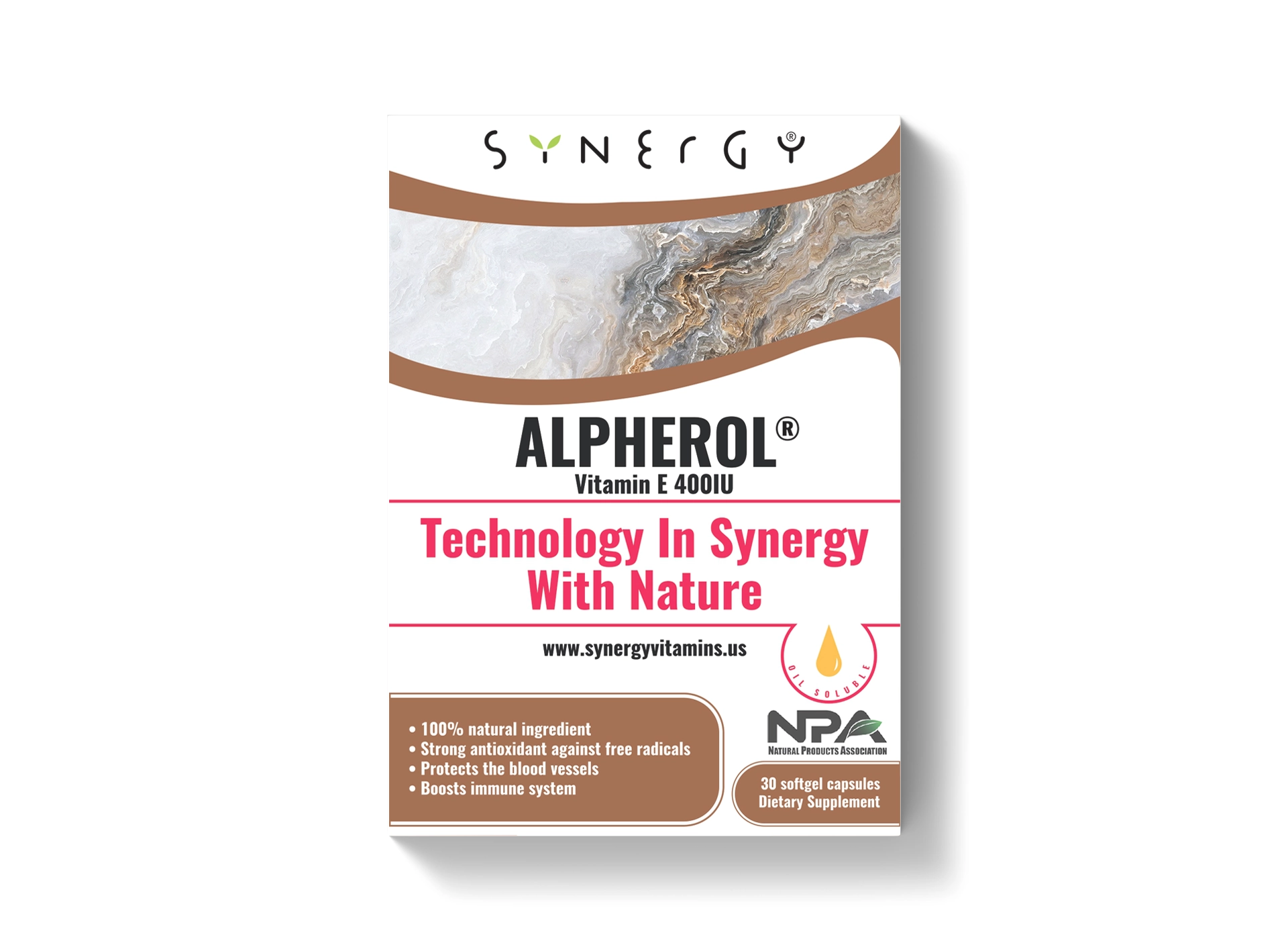 Paketim Synergy Alpherol me 30 softgel dhe 400 IU vitaminë E natyrale D-alpha tocopherol për mbrojtjen e qelizave nga stresi oksidativ.