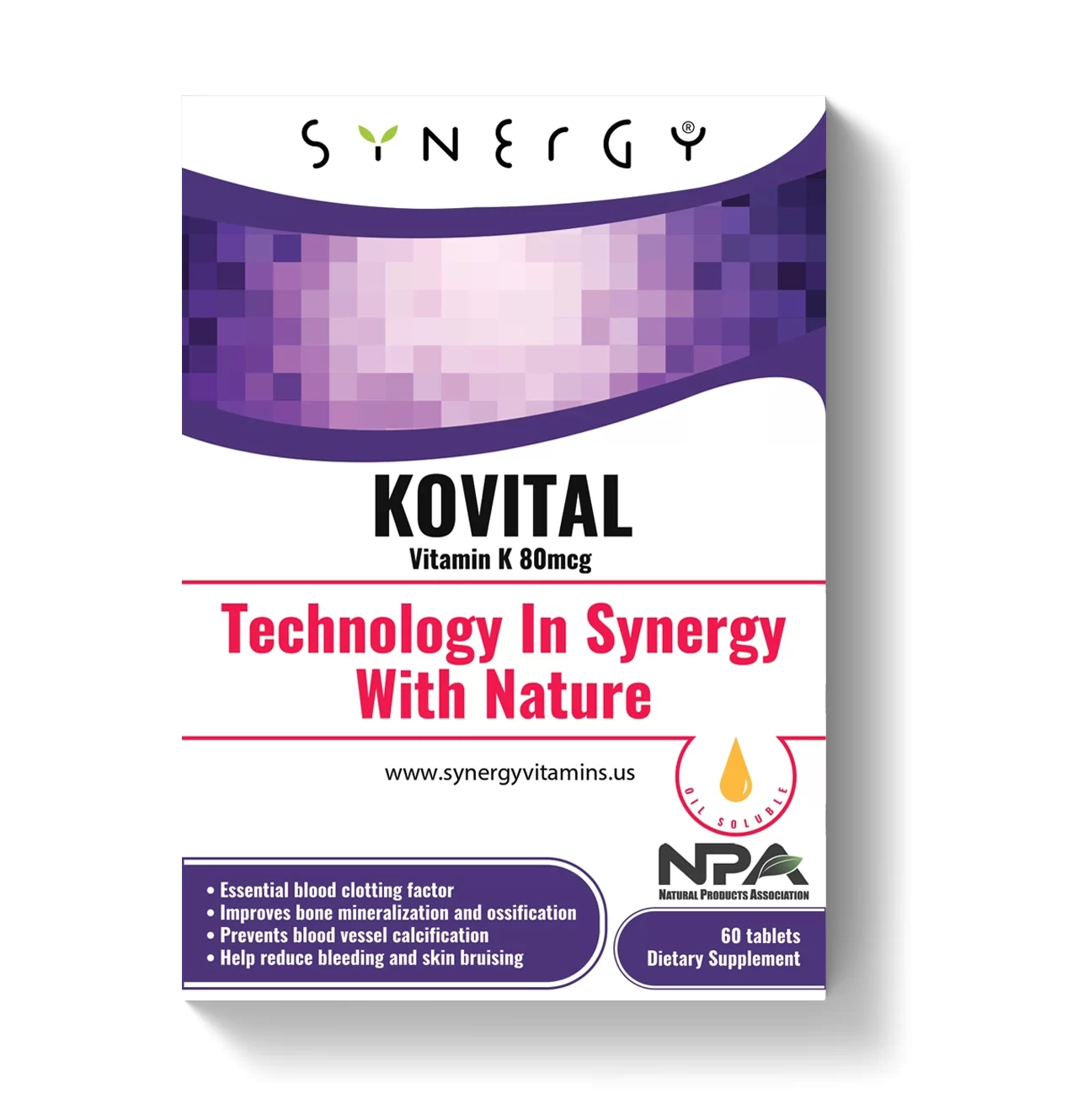 Synergy KOVITAL Vitamin K2 MK-7 80 mcg, kuti me 60 tableta për mbështetjen e kockave dhe metabolizmit të kalciumit.