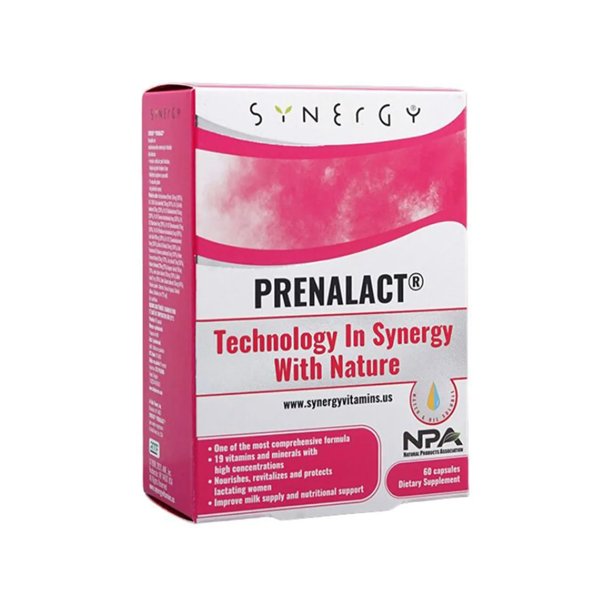 Paketim Synergy Prenalact me 60 kapsula dhe kompleks vitaminash e mineralesh për mbështetje gjatë shtatzënisë dhe ushqyerjes me gji.