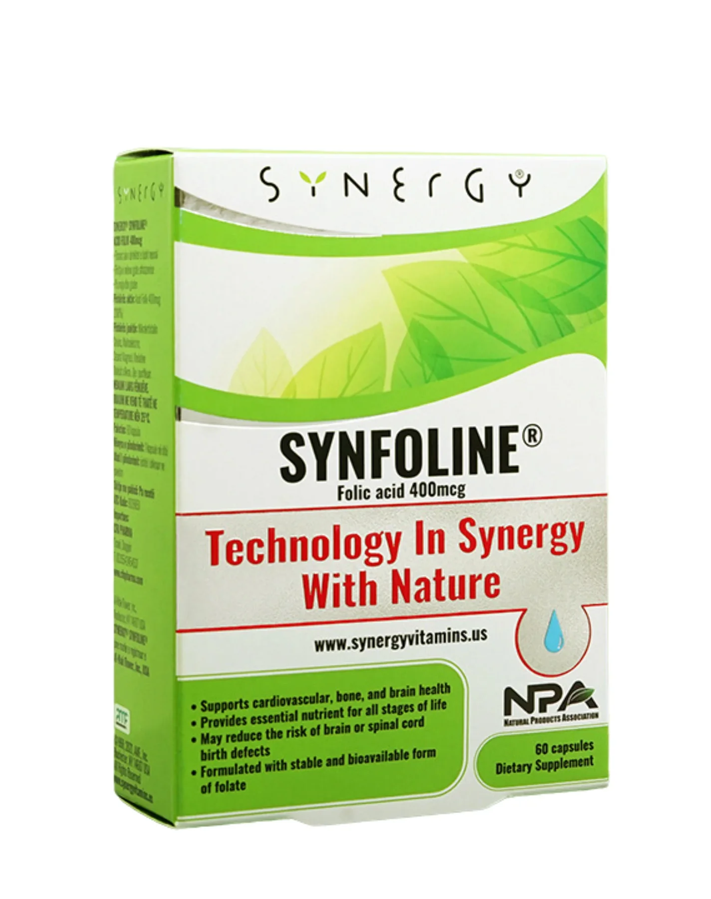 Paketim Synergy Synfoline me 60 kapsula dhe 400 mcg acid folik për mbështetje para konceptimit dhe gjatë shtatzënisë.