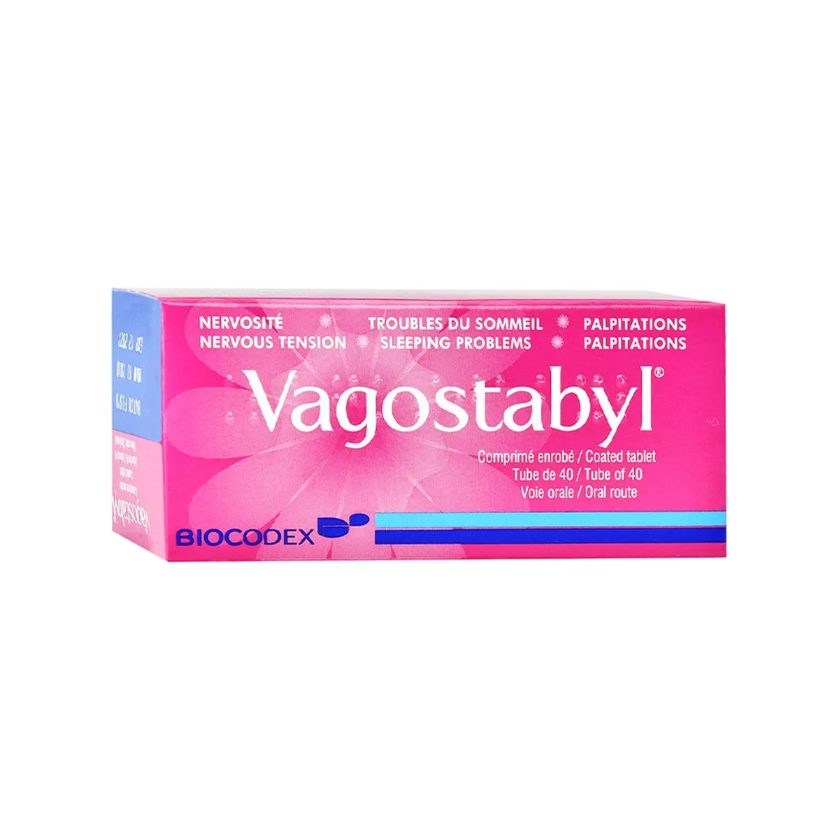 Paketim Vagostabyl Biocodex me 40 tableta të veshura me murriz, melisë, kalcium dhe magnez për qetësi dhe gjumë.