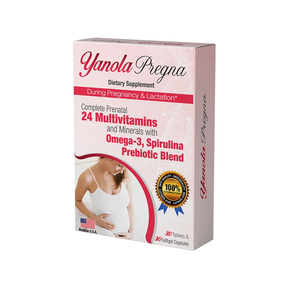 Paketim Yanola Pregna me 30 tableta dhe 30 kapsula, prenatal me vitamina, minerale, omega-3, prebiotikë dhe probiotikë.