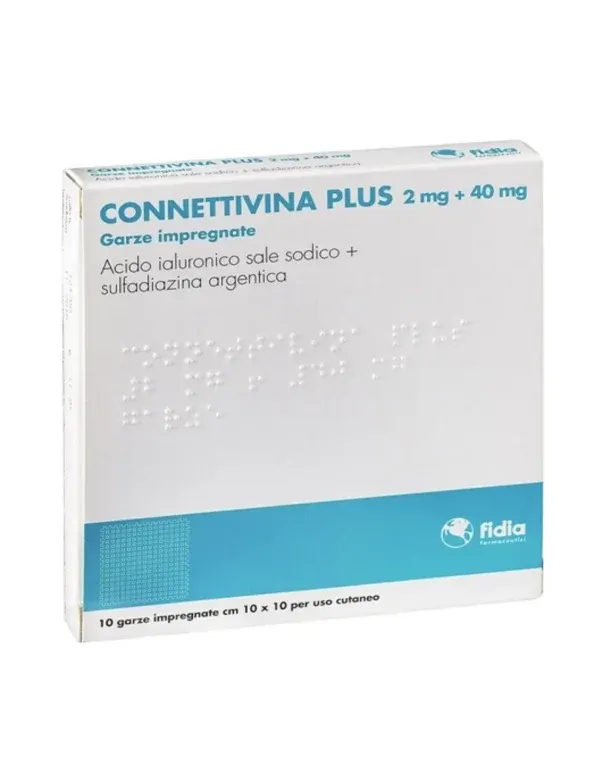 Connettivina Plus 10 garza 10x10 cm me acid hialuronik dhe sulfadiazinë argjendi