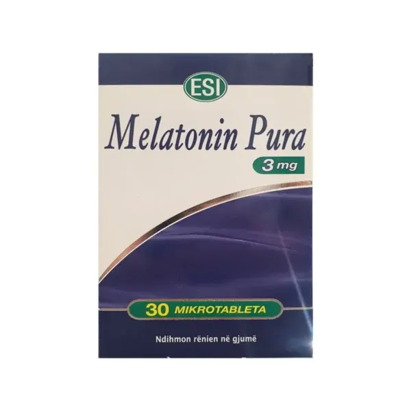 Paketim ESI Melatonin Pura 3 mg me 30 mikrotableta melatoninë për të ndihmuar fjetjen dhe ritmin normal të gjumit.