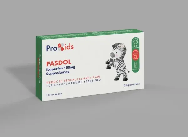 Paketim Fasdol 150 mg Profarma me 10 supozitorë ibuprofen për temperaturë dhe dhimbje te fëmijët sipas peshës trupore.