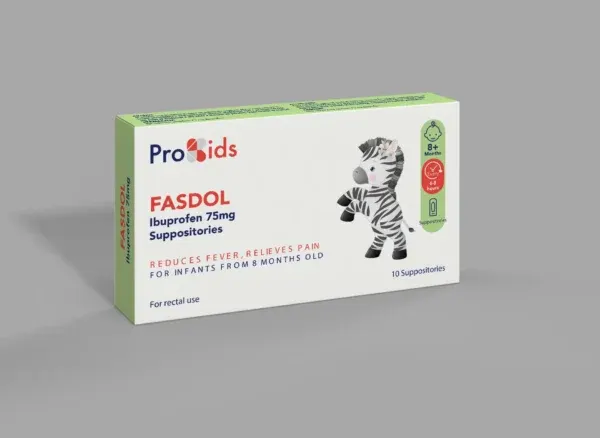 Paketim Fasdol 75 mg Profarma me 10 supozitorë ibuprofen për lehtësimin e temperaturës dhe dhimbjes te fëmijët.