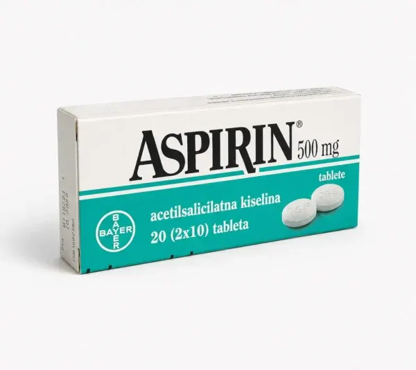 Paketim Aspirin Bayer 500 mg me 20 tableta me acid acetilsalicilik për lehtësimin e dhimbjes dhe temperaturës.