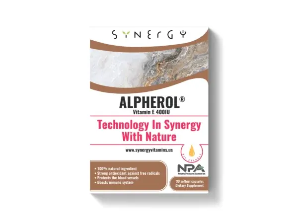 Paketim Synergy Alpherol me 30 softgel dhe 400 IU vitaminë E natyrale D-alpha tocopherol për mbrojtjen e qelizave nga stresi oksidativ.
