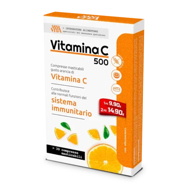 Paketim Sanavita Vitamin C 500 mg me 30 tableta të përtypshme me shije portokalli për mbështetjen e imunitetit dhe kolagjenit.