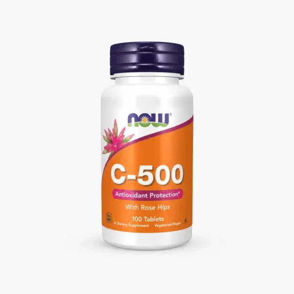 Shishe NOW Foods Vitamin C-500 me 100 tableta, 500 mg vitaminë C dhe rose hips për imunitetin dhe mbrojtjen antioksiduese.