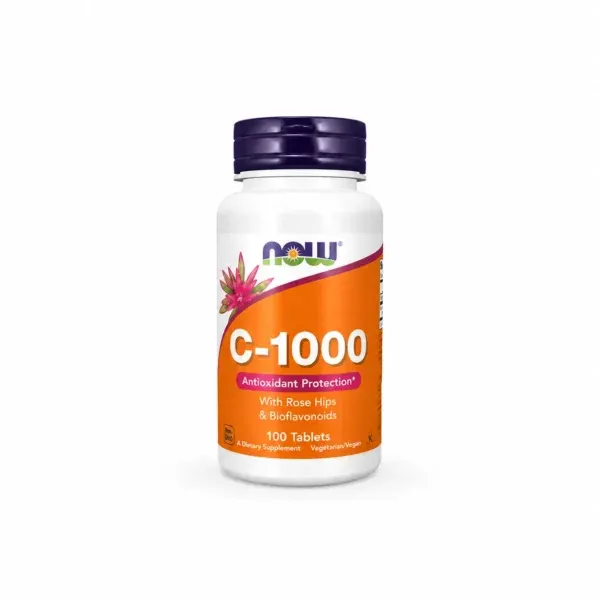 Shishe NOW Foods Vitamin C-1000 Sustained Release me 100 tableta, vitaminë C 1000 mg dhe Rose Hips me çlirim të zgjatur.