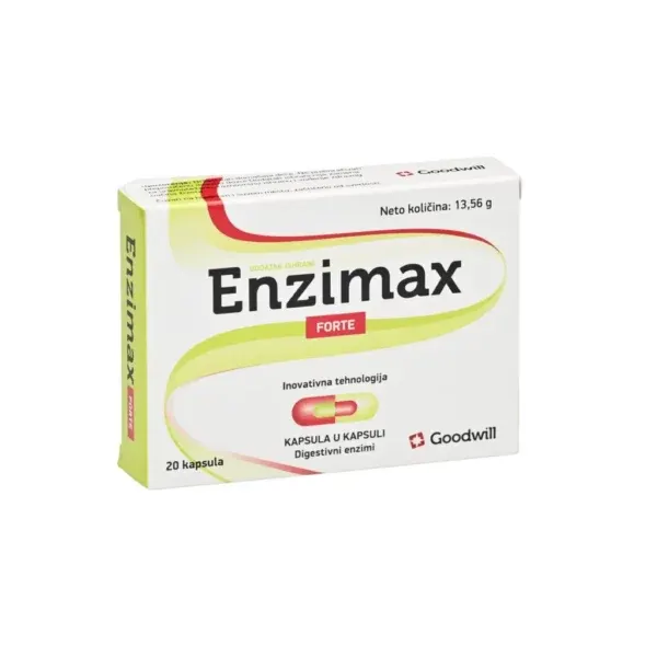 Paketim Goodwill Enzimax Forte me 20 kapsula dhe teknologji capsule-in-capsule me lipazë, amilazë, glukoamilazë dhe proteaza për tretjen.