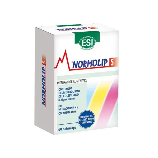 Paketim ESI Normolip 5 me 30 Naturcaps që kombinojnë red yeast rice, Caigua, policosanols, CoQ10, gamma oryzanol dhe krom.