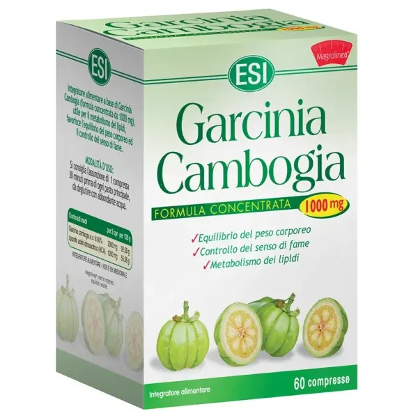 Paketim ESI Garcinia Cambogia 1000 mg me 60 tableta, suplement bimor i formuluar për mbështetje gjatë programeve të kontrollit të peshës.