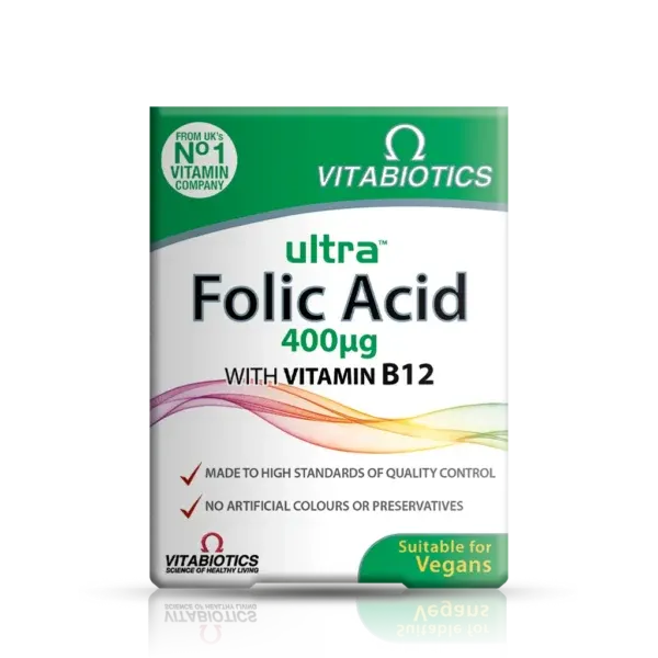 Paketim Vitabiotics Ultra Folic Acid me 60 tableta që sigurojnë 400 mcg acid folik dhe 5 mcg vitaminë B12 për periudhën para dhe gjatë shtatzënisë.