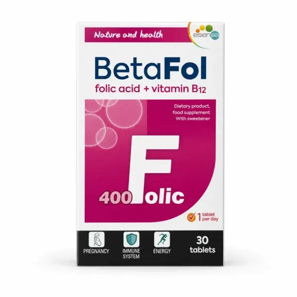Paketim Esensa Betafol me 30 tableta që sigurojnë 400 mcg acid folik dhe 3 mcg vitaminë B12 për periudhën para dhe gjatë shtatzënisë.