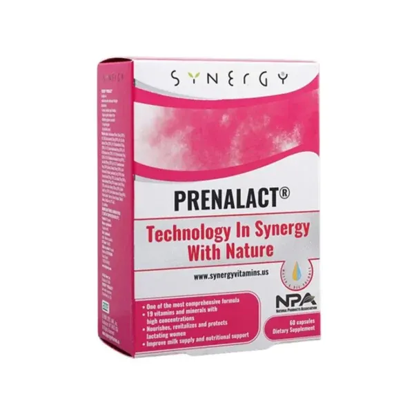 Paketim Synergy Prenalact me 60 kapsula dhe kompleks vitaminash e mineralesh për mbështetje gjatë shtatzënisë dhe ushqyerjes me gji.