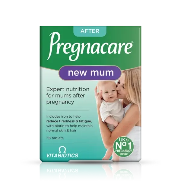 Paketim Vitabiotics Pregnacare New Mum me 56 tableta, marine collagen, vitamina dhe minerale për energjinë, flokët dhe lëkurën pas lindjes.