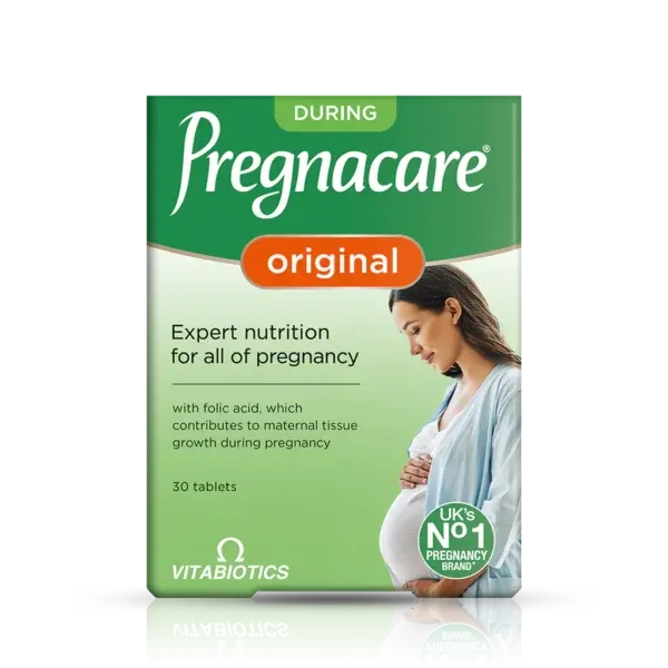 Paketim Vitabiotics Pregnacare Original me 30 tableta dhe 19 vitamina e minerale për mbështetje para dhe gjatë shtatzënisë.